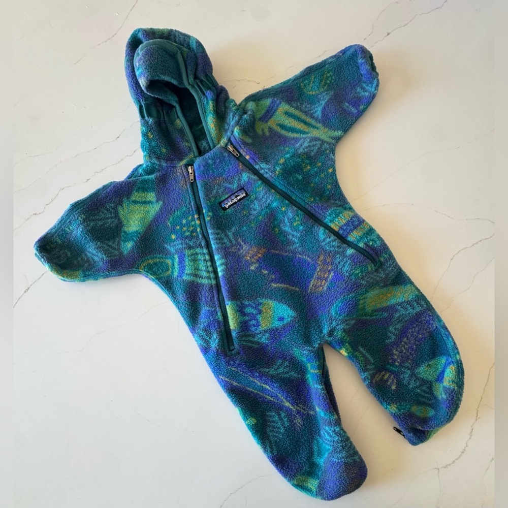 VTG Patagonia Fleece Bunting One Piece 3 Month Deep Sea Creatures 90s AOP